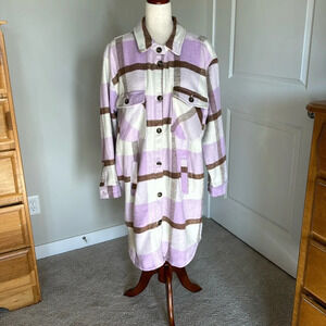 Blank NYC Blogger's Fav Plaid Long Shacket Button Down Lavender Beige Size L